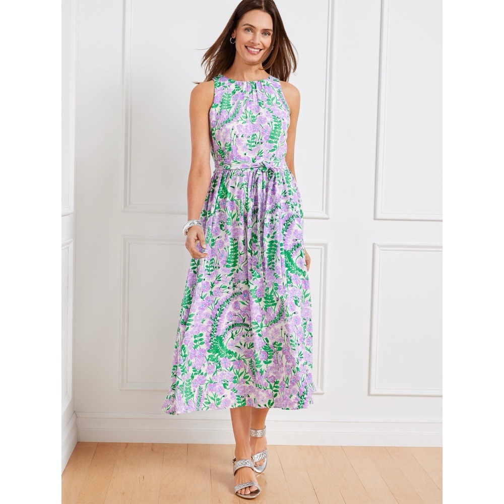 Talbots Maxi Dress Purple Green White Floral Tie Waist Cottage Core Sz 14